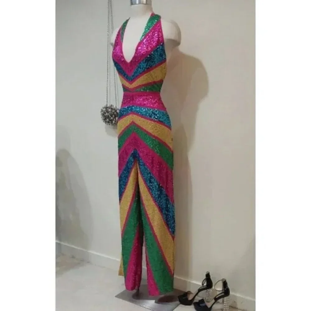💋RETRO GLAM!💋 STUDIO 54 Halter Cut Out Wide-leg Jumpsuit in Stripe Sequin - Picture 8 of 15